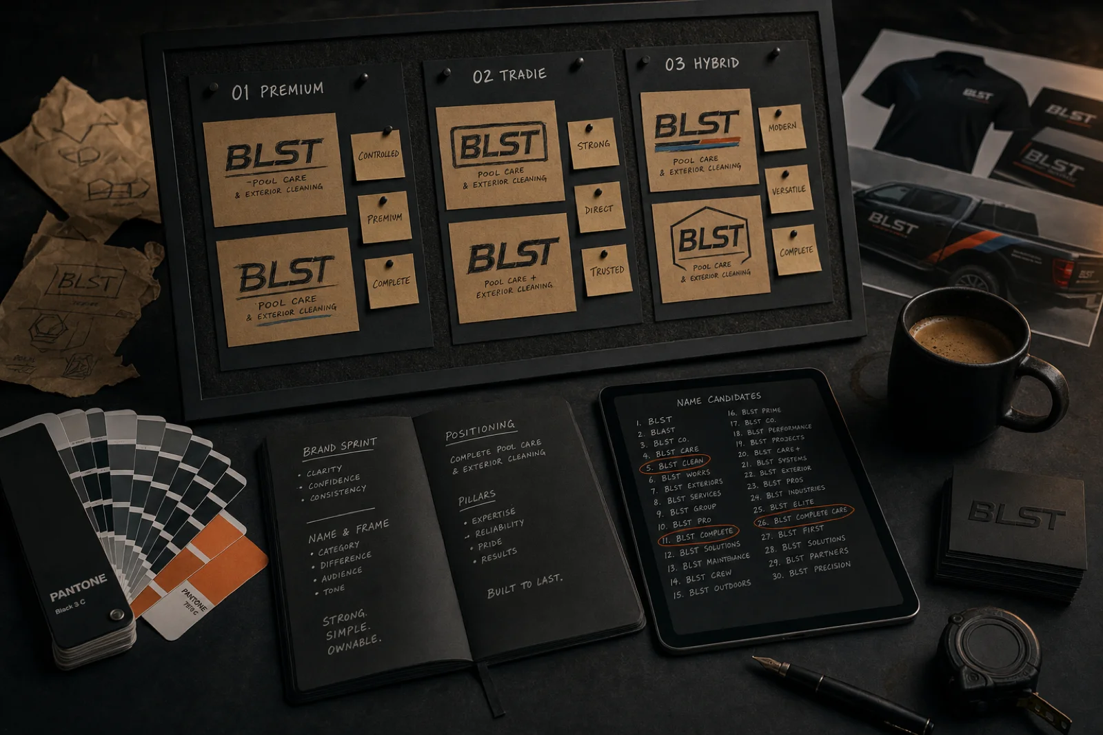 BLST brand sprint workshop with three logo directions on mood boards