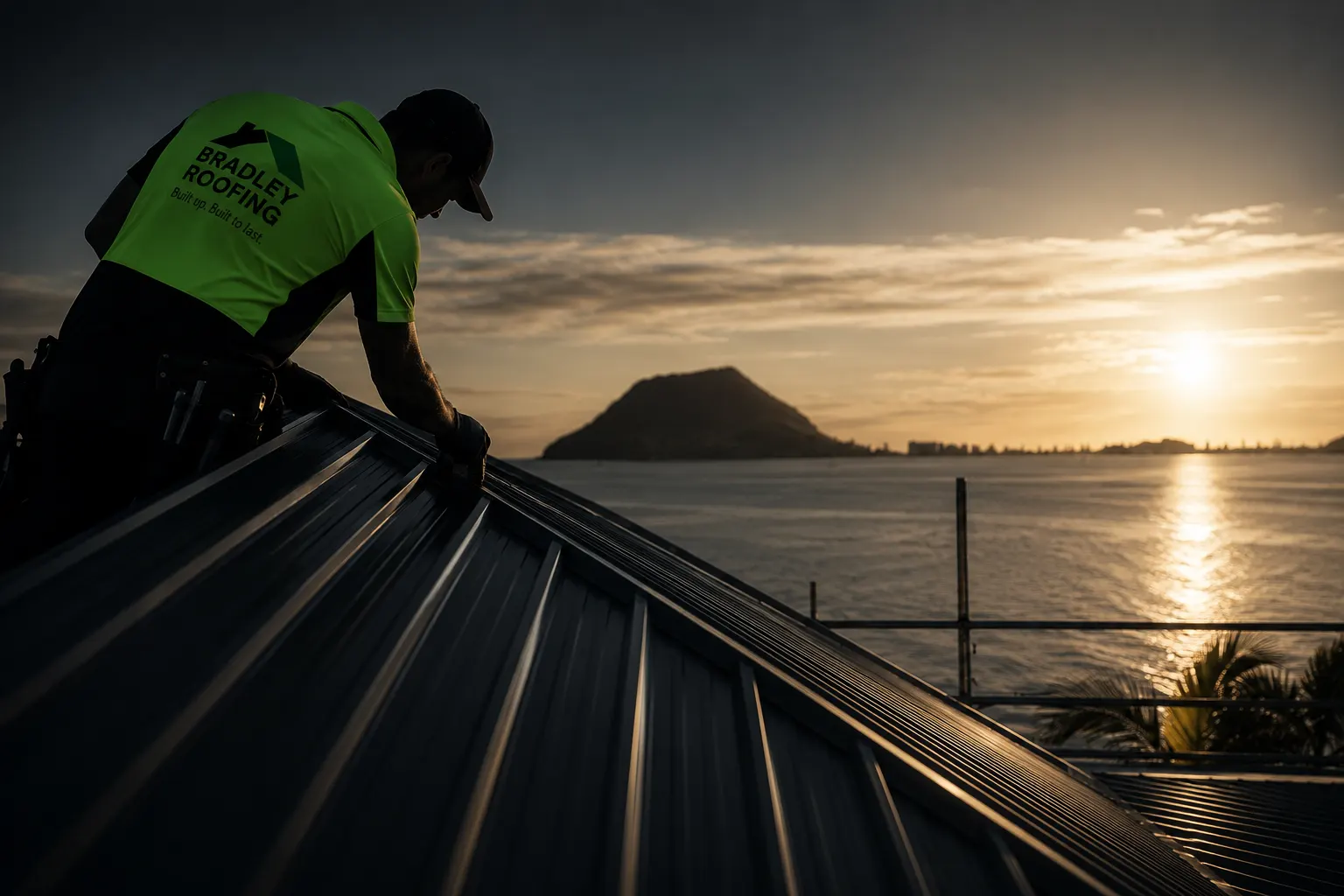 Bradley Roofing crew on a Coloursteel ridge at sunset with Mauao in the distance