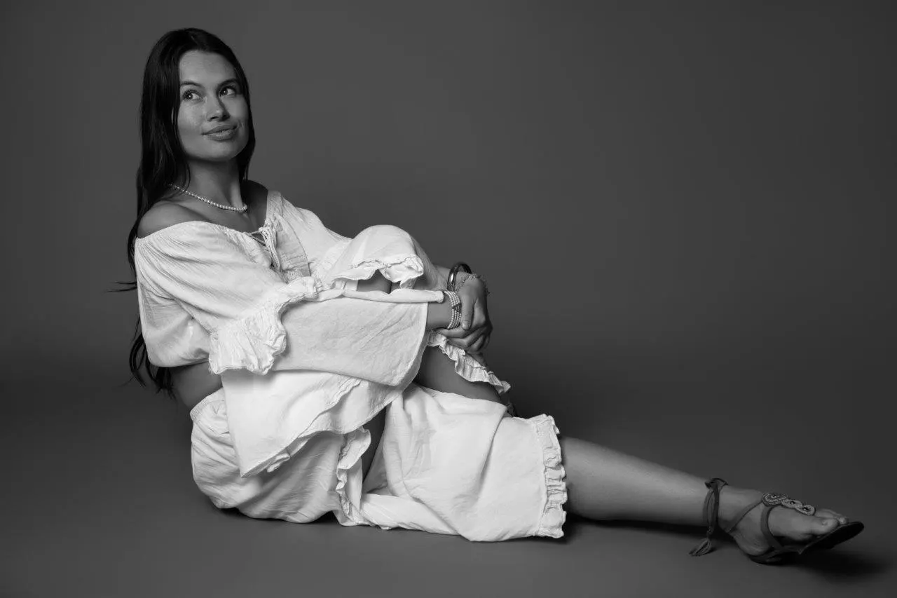 Gigi Indigo black-and-white editorial portrait for a natural-luxury model and brand spokesperson