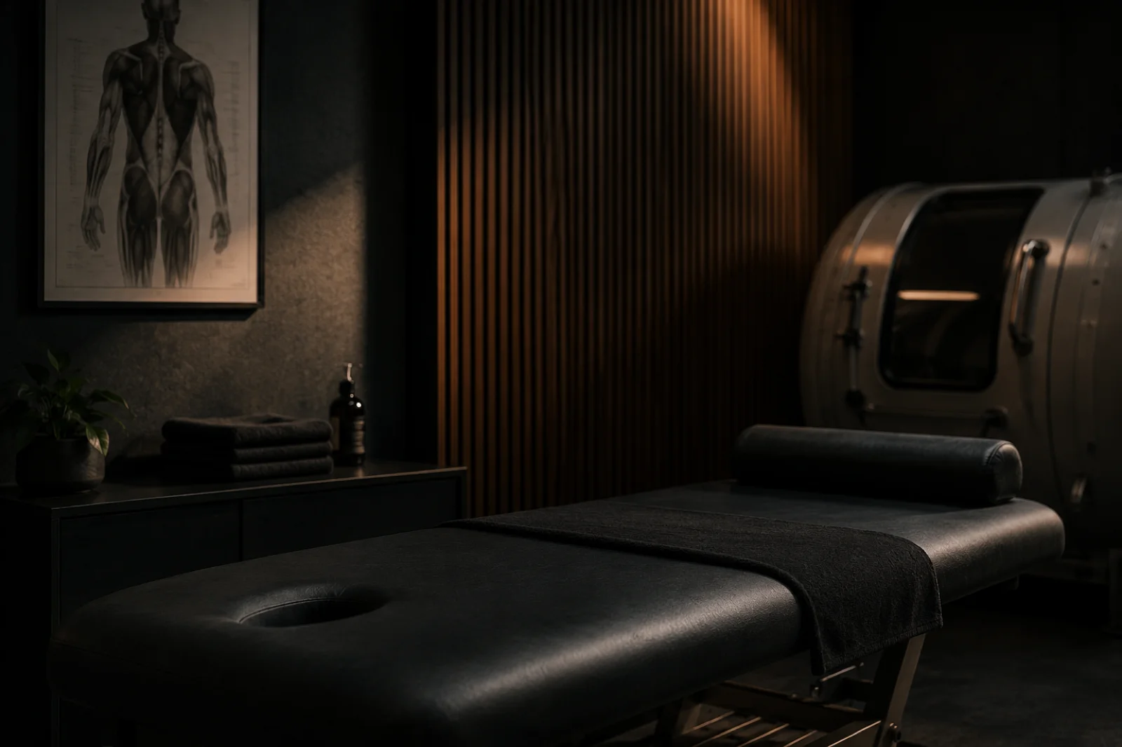 The Marshall Method treatment room with anatomy chart and recovery pod