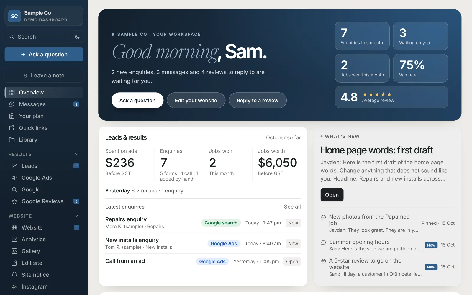 Sample Co's dashboard on a desktop: a greeting with enquiries, messages and reviews waiting, buttons to ask a question, edit the website and reply to a review, and a leads panel listing sample enquiries by where they came from.