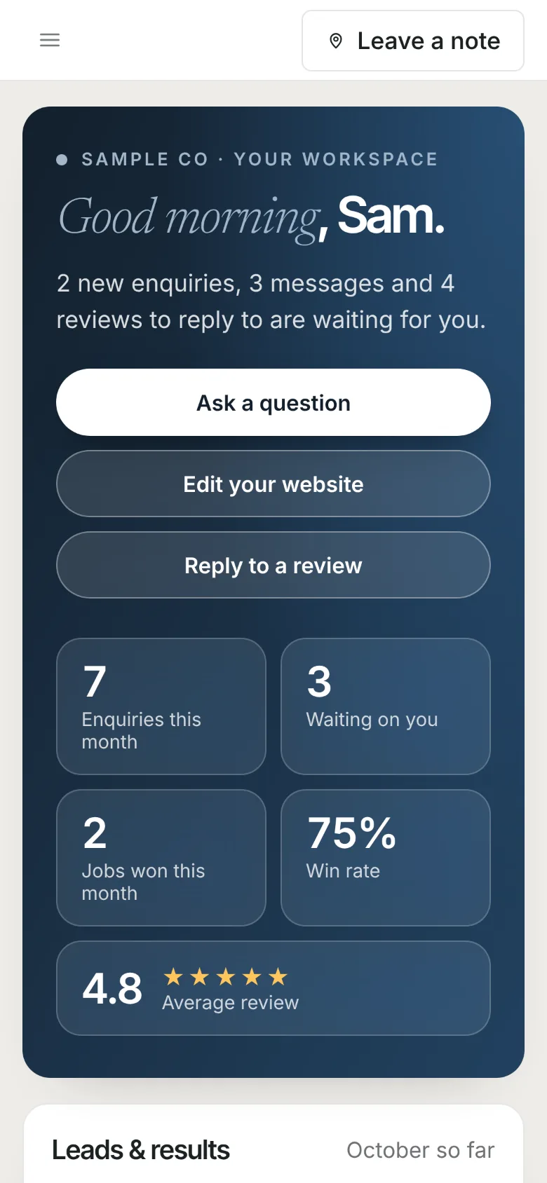 The same dashboard on a phone: the greeting, the three main buttons and this month's figures, stacked for a small screen.
